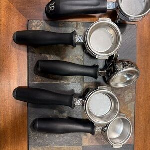 Black Espresso Portafilter Handles with Stainless Steel Baskets - Rancilio